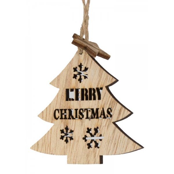 Χριστουγεννιάτικο Κρεμαστό Ξύλινο Δεντράκι, με Σχέδιο "Merry Christmas" (9cm)